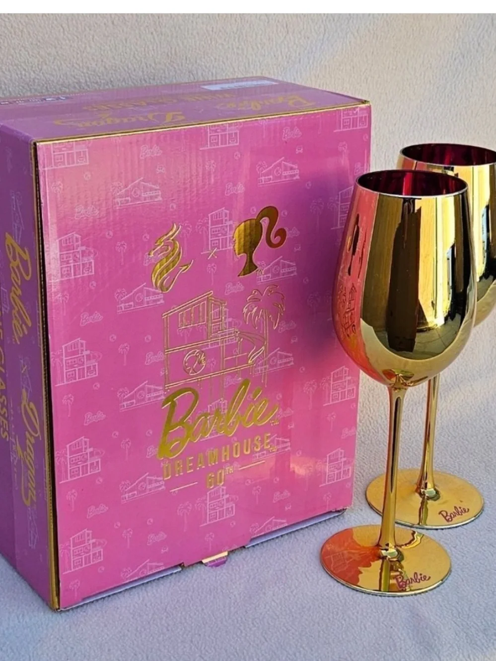 Barbie Dreamhouse 60th Gold & Pink Stemmed Wine Glasses Pair